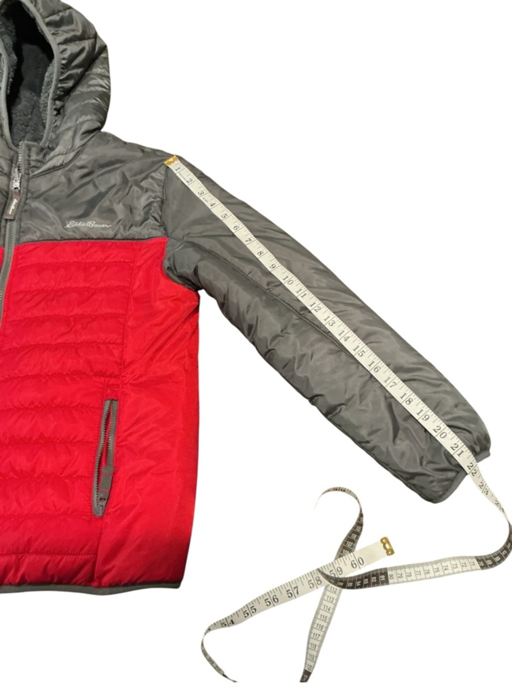 Eddie Bauer Kids Puffer Jacket Size L 14/16 Red Gray Hooded Warm Winter Coat - Picture 5 of 8